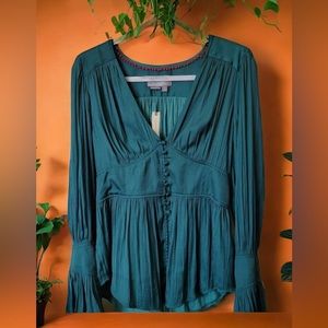 NWT Anthropologie Silky Puff Sleeved Satin Blouse - Emerald